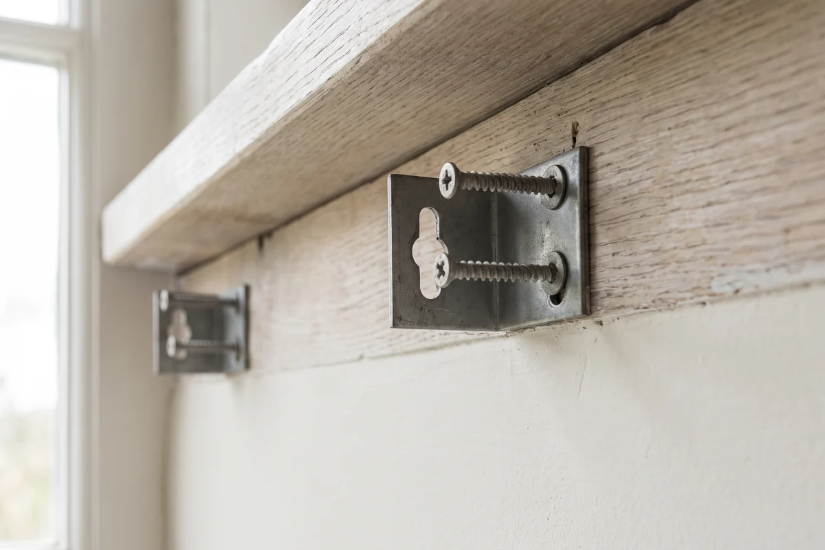 A blind bracket screwed into solid timber above a window reveal, with a second bracket further along