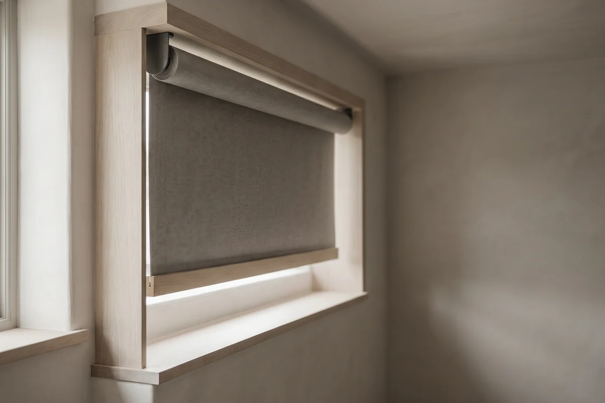 A roller blind part-lowered, the fabric unrolling off a single tube fixed across the top of the reveal