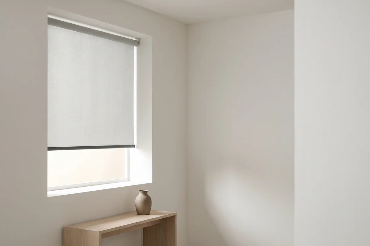 A pale roller blind lowered across a bright window, the fabric hanging flat from a single tube