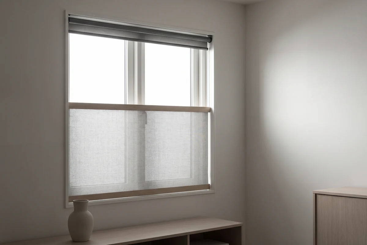 A roller blind lowered halfway across a living room window, its bottom rail dividing bright glass from screened fabric