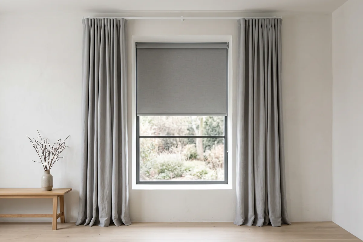 A roller blind fitted inside the window reveal with curtains hung outside it