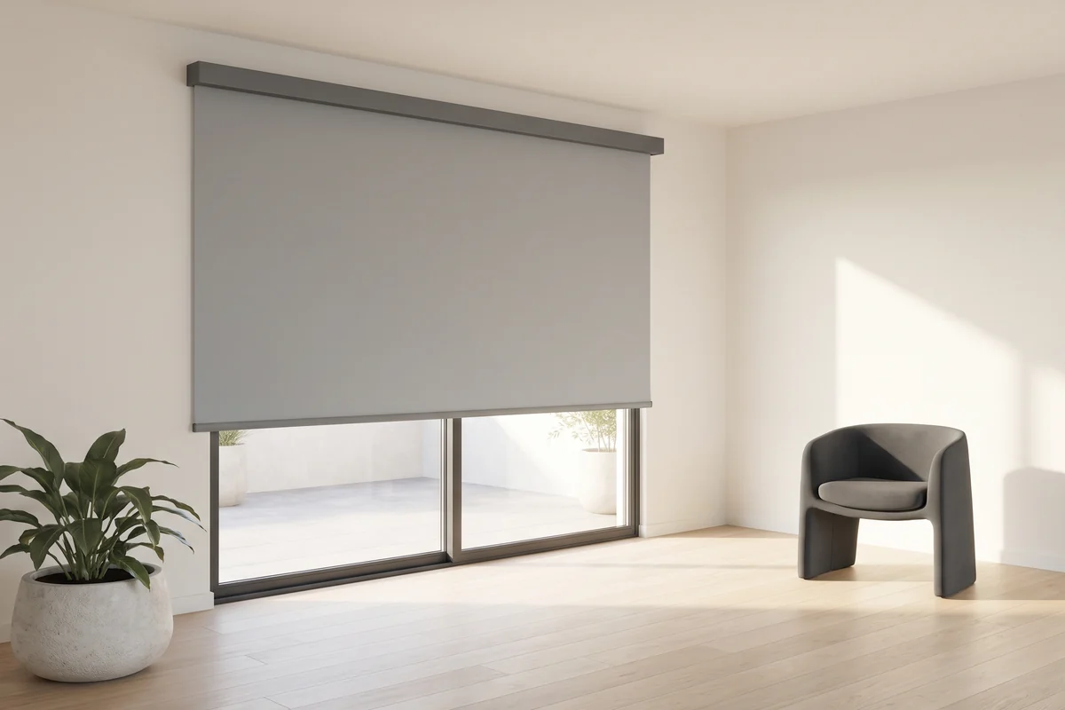 A single roller blind lowered over a wide glass door, showing the full width of the fabric