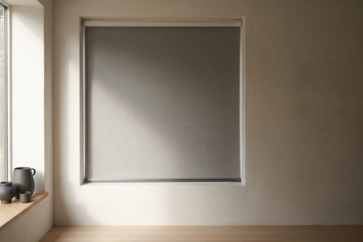 A roller blind lowered halfway across a wide living room window with afternoon sun on the floor