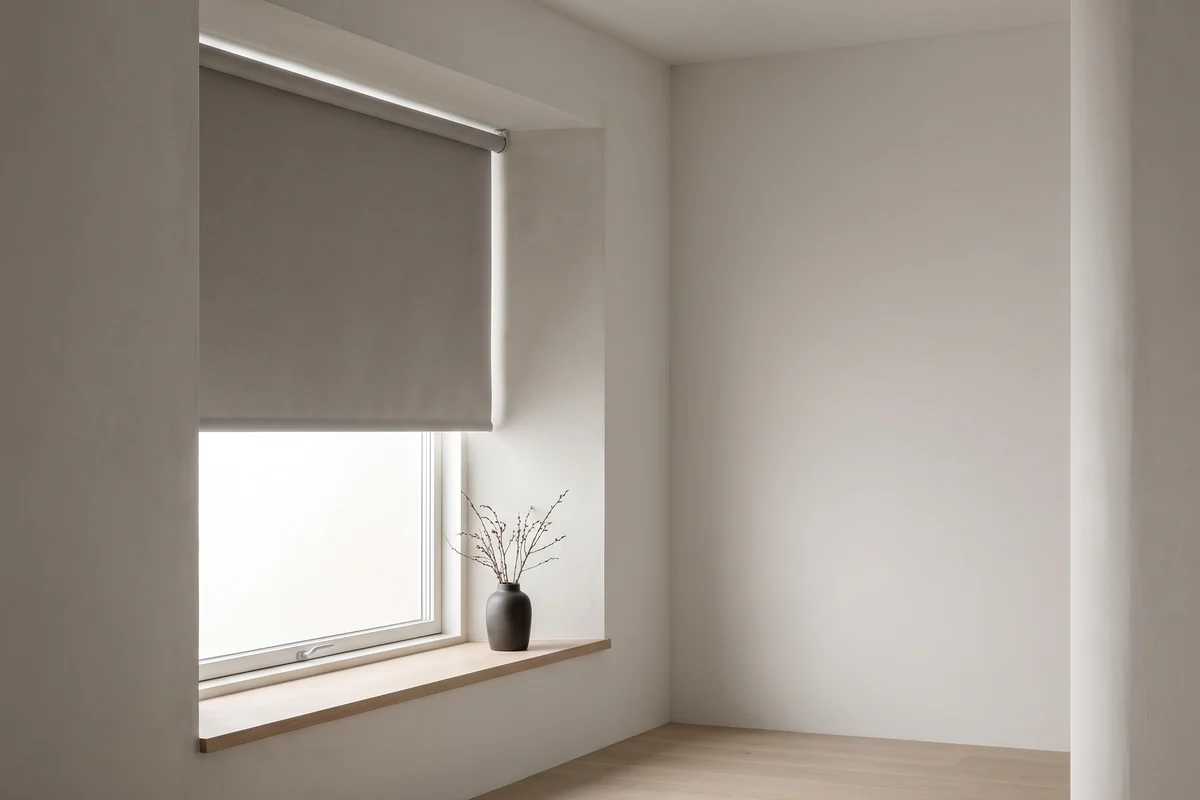 A roller blind fitted inside the window reveal with the wall clear around it