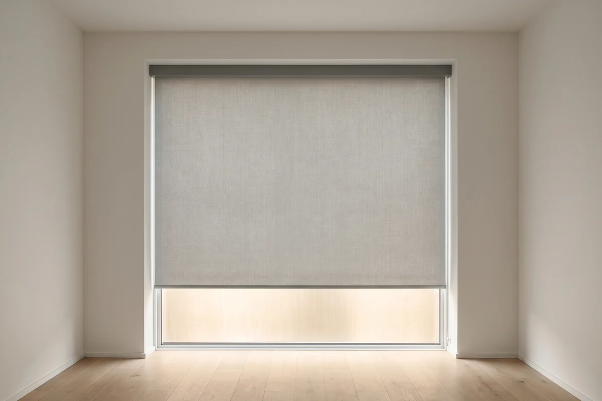 A roller blind lowered three quarters down a wide window, one unbroken width of fabric off a single tube