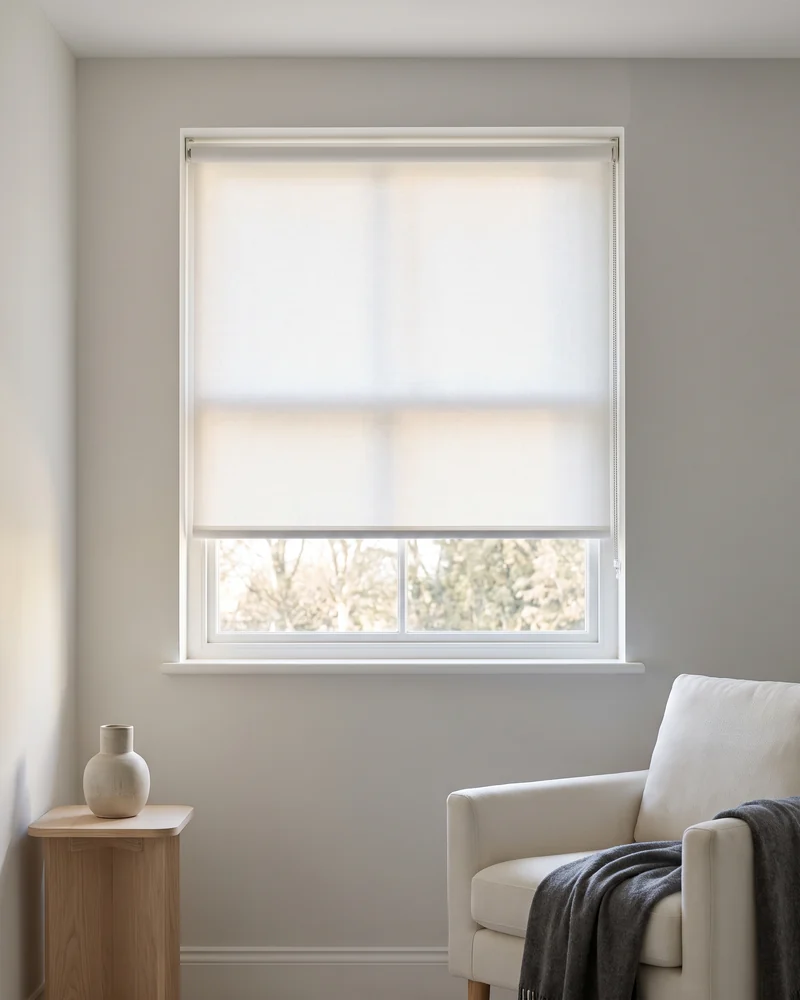 A white roller blind lowered part way down a square window reveal