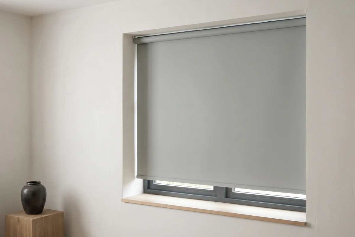 A roller blind fitted inside the window reveal with the frame close on both sides