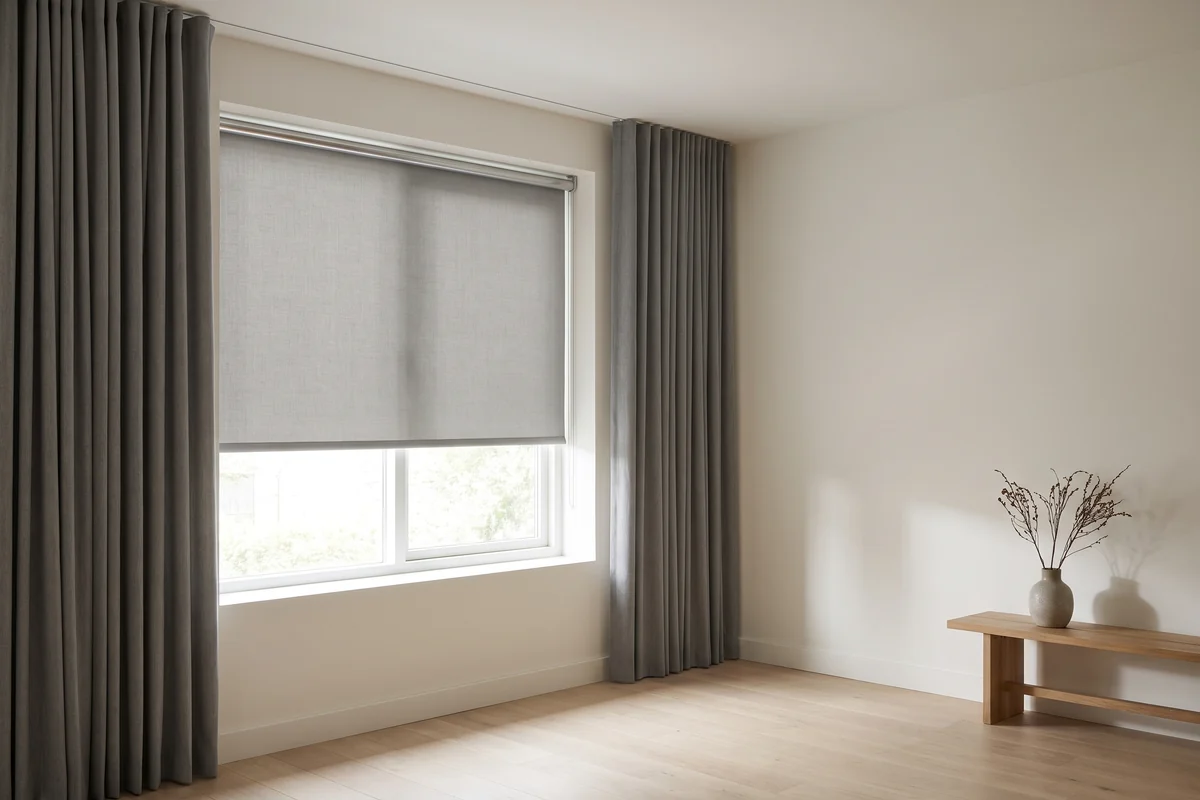 A living room window with a roller blind and curtains hanging either side