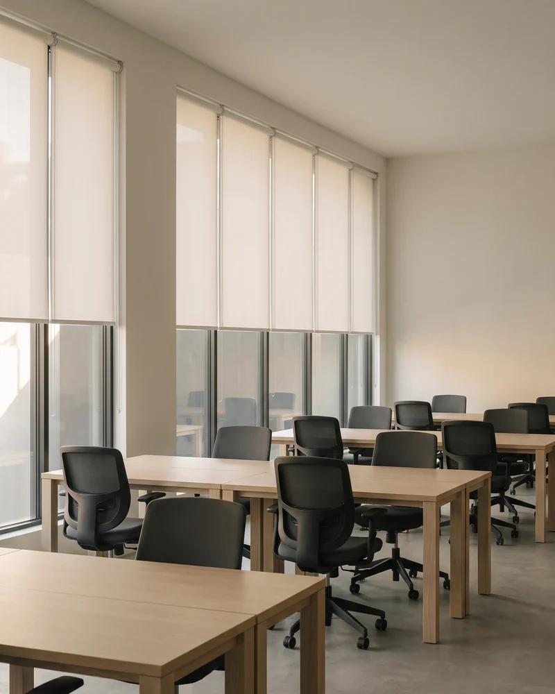 Roller blinds fitted across a commercial office frontage