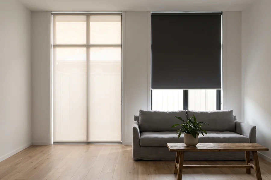 Sunscreen and blockout roller blinds fitted to two living-room windows