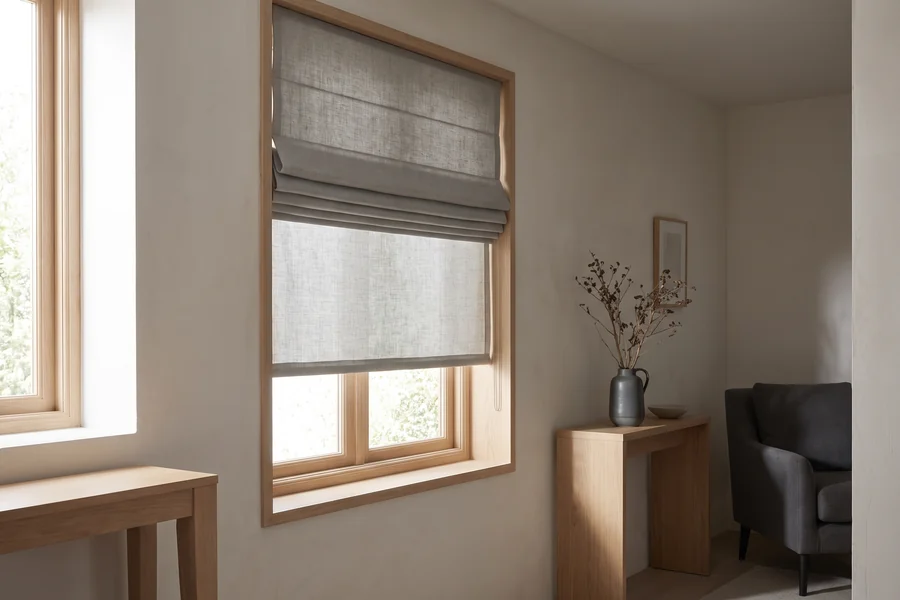 A Roman blind half raised in even folds across a living-room window
