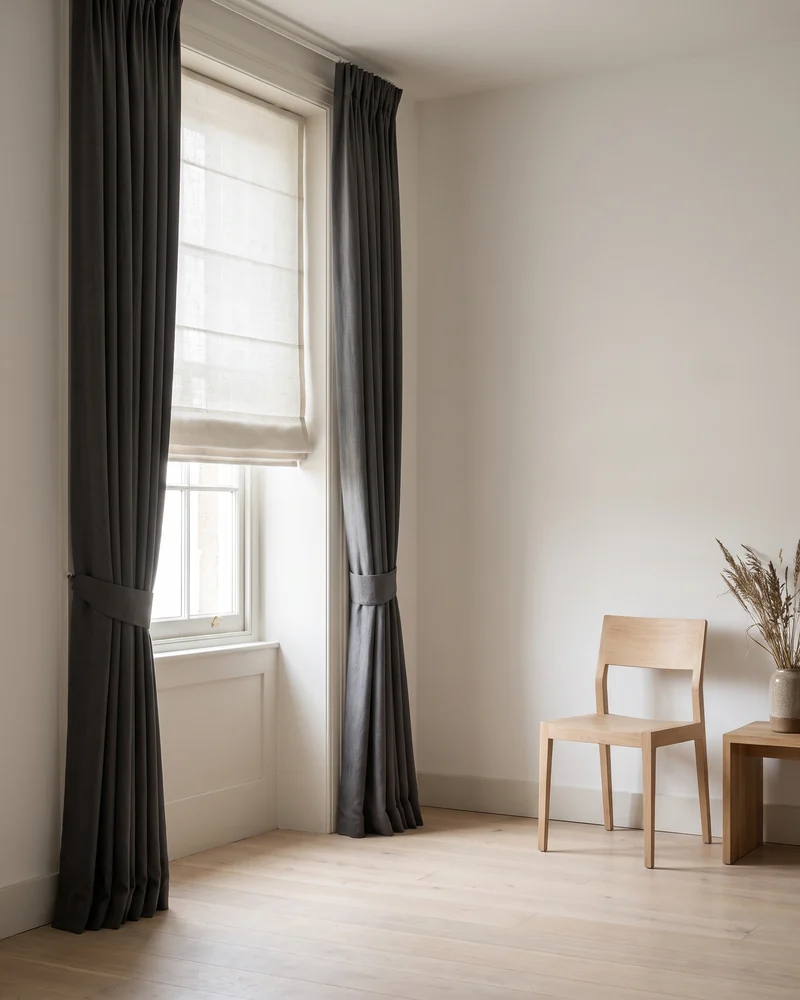 A Roman blind layered with curtains