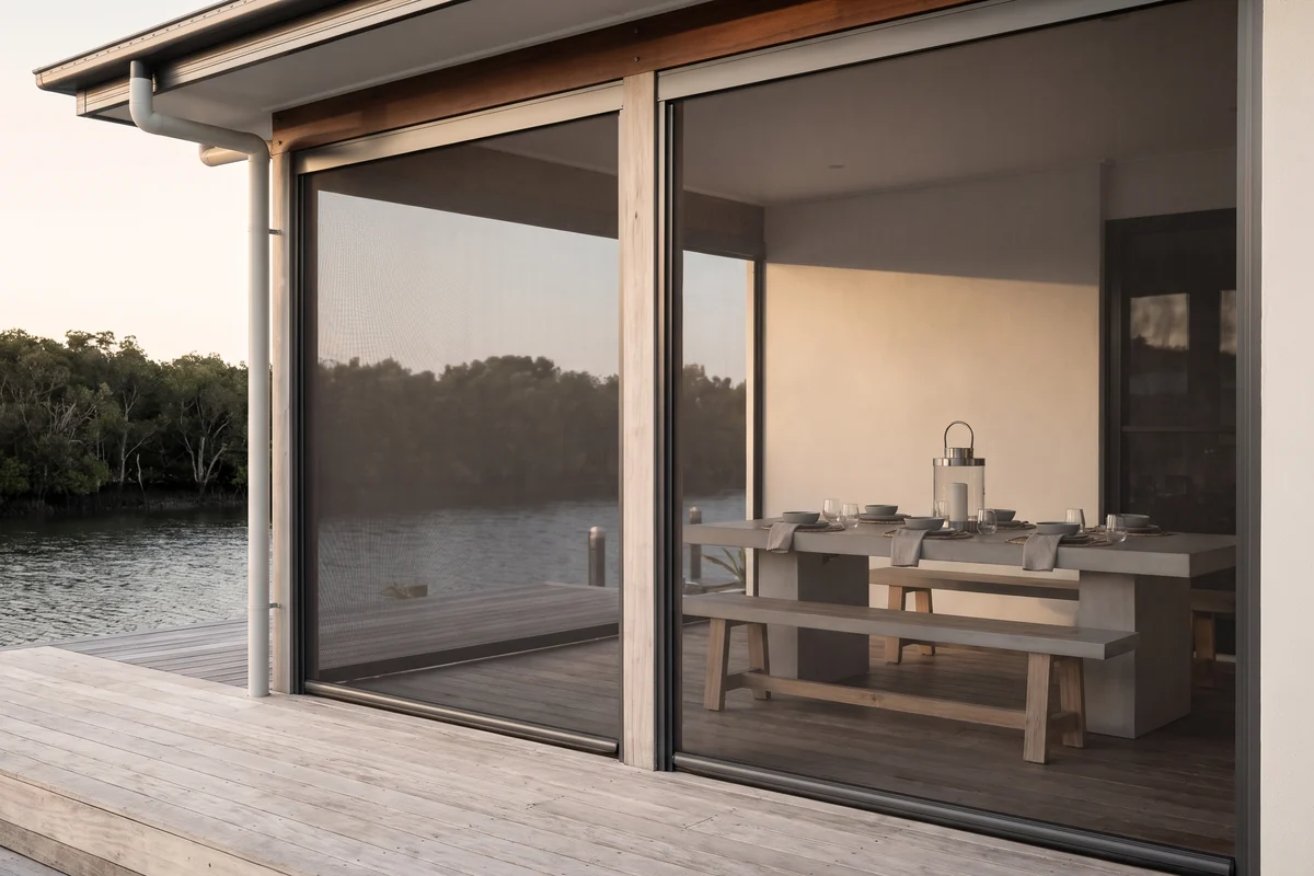 Retractable mesh screens lowered around a covered deck on a mangrove-lined canal in the evening