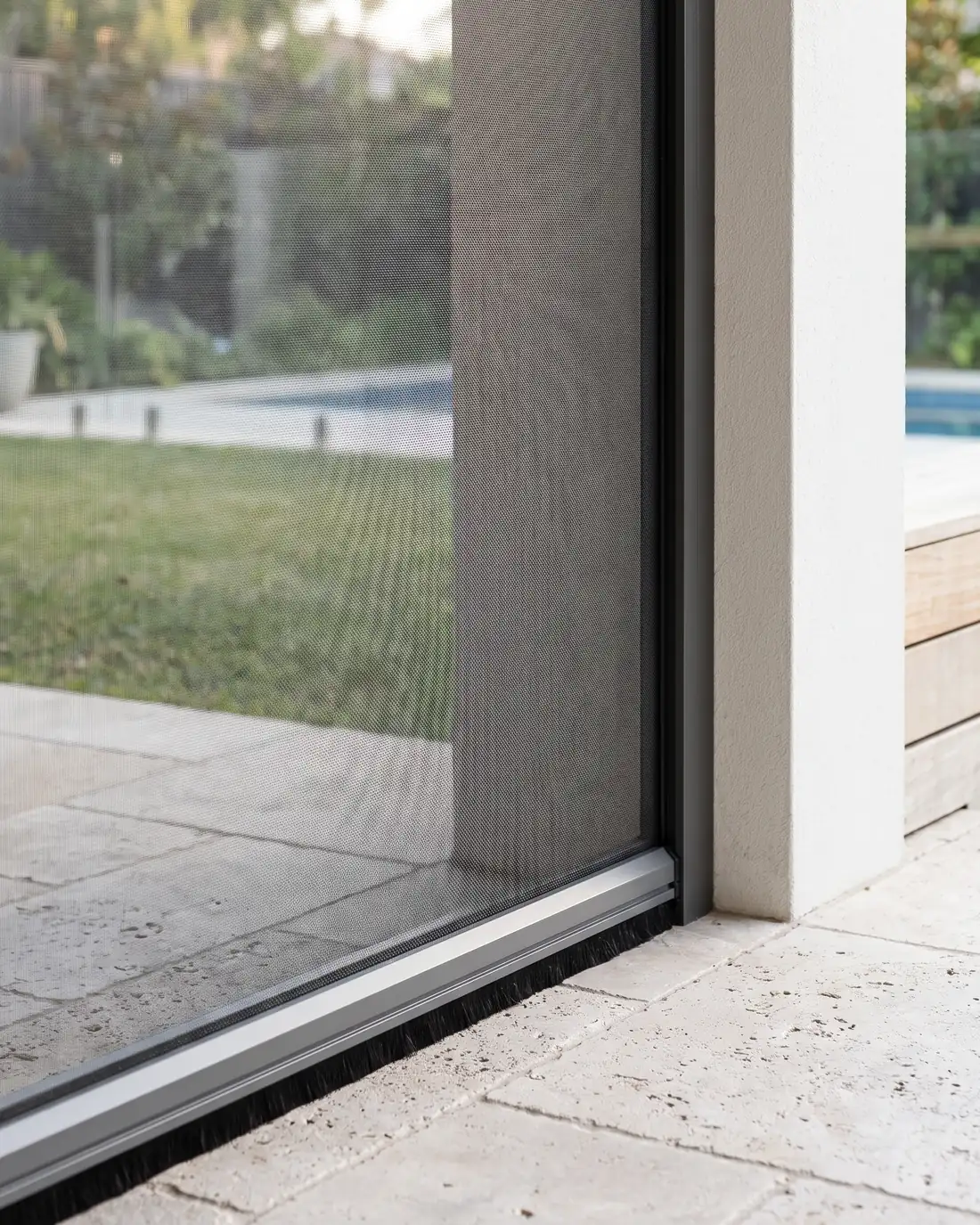 The mesh edge held in an aluminium side channel and the brush-sealed bottom bar of a retractable screen