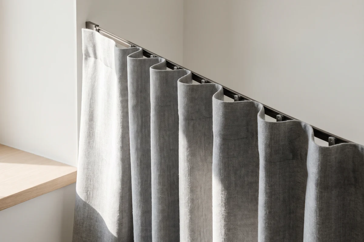 Close view of the folds in an S-fold curtain, showing the shadow that sits inside each wave