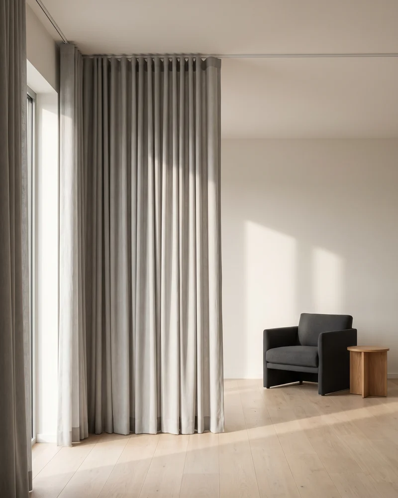 S fold curtains falling in even waves across a living room