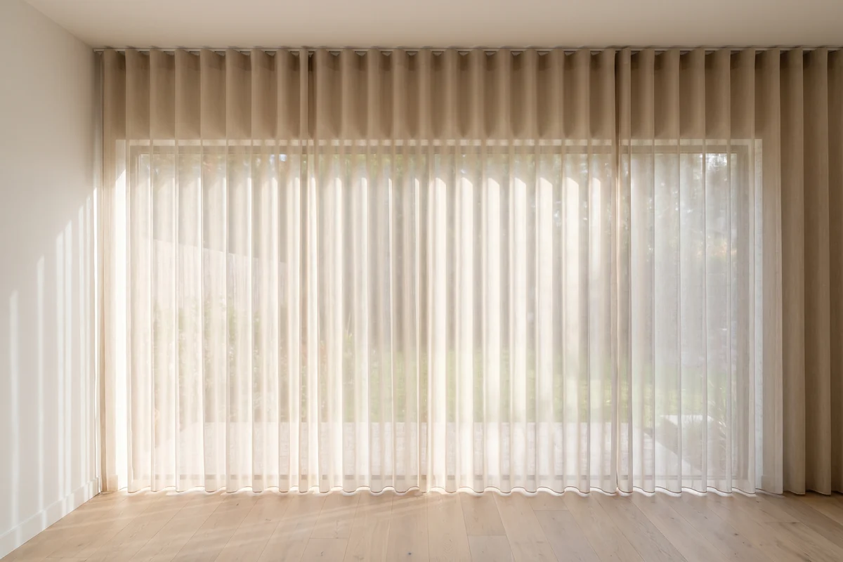 Sheer curtains hanging in a continuous S-shaped wave across a large window