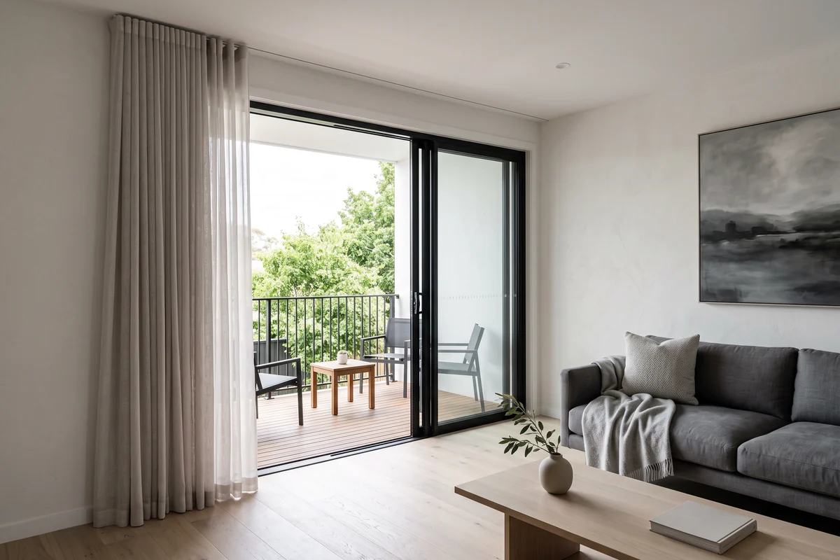 A sheer S fold curtain stacked against the wall beside wide sliding doors standing open onto a balcony