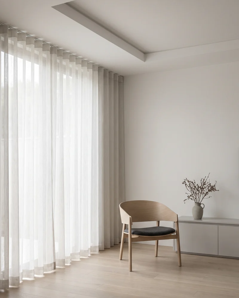 S fold sheer curtains falling in even waves