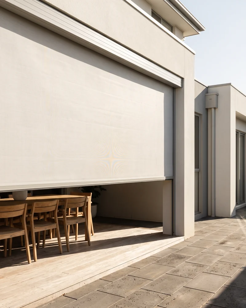 Shade blind lowered over an outdoor alfresco dining area