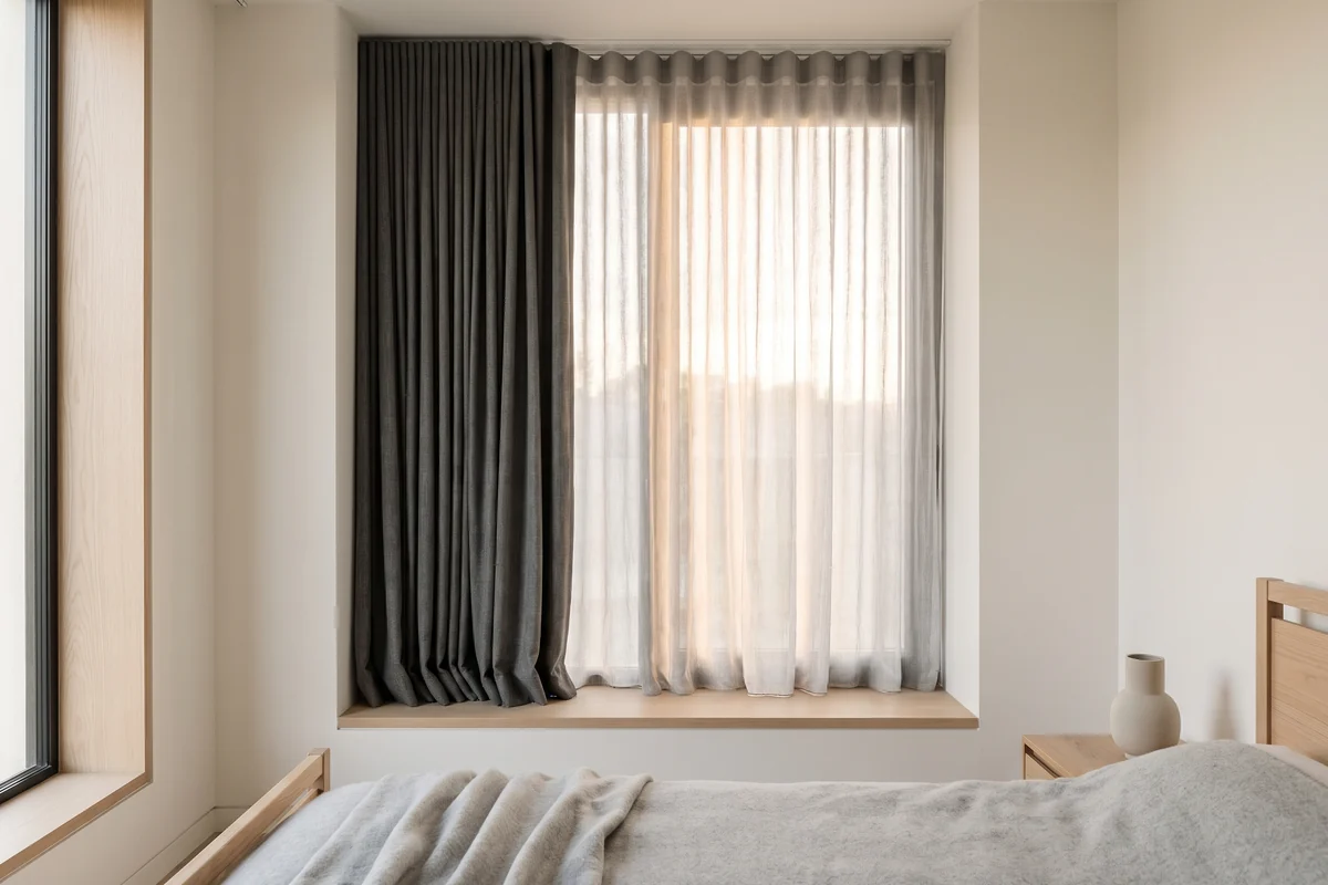A sheer drawn across a bedroom window with the blockout stacked back beside it on a double track