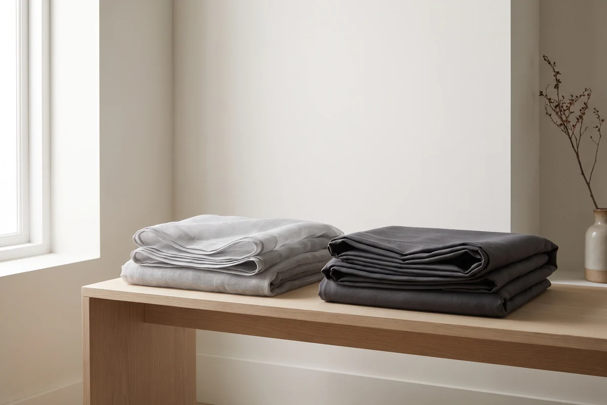 Folded lengths of neutral curtain fabric stacked on a bench