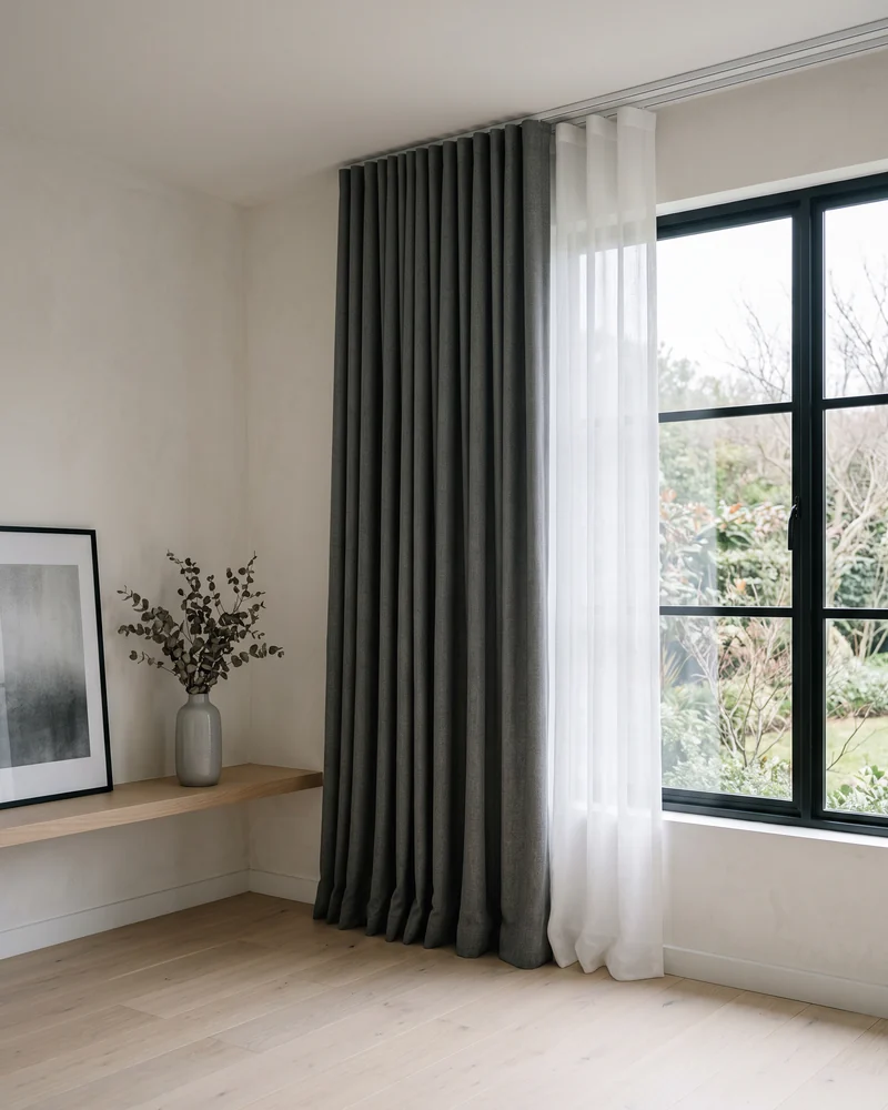 Sheer and blockout S fold curtains hung one behind the other on a twin-channel ceiling track