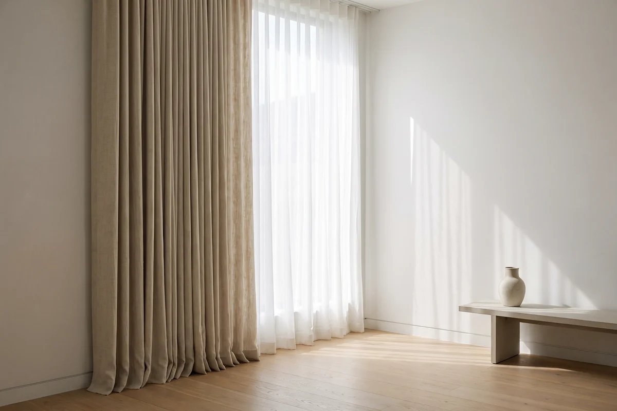 A sheer curtain behind a full-length drape at a tall window, both hanging to the floor