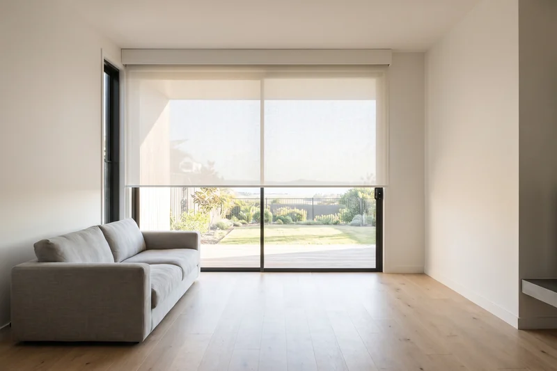 A wide living room window with a sunscreen roller blind at the head, ready to draw across the afternoon sun