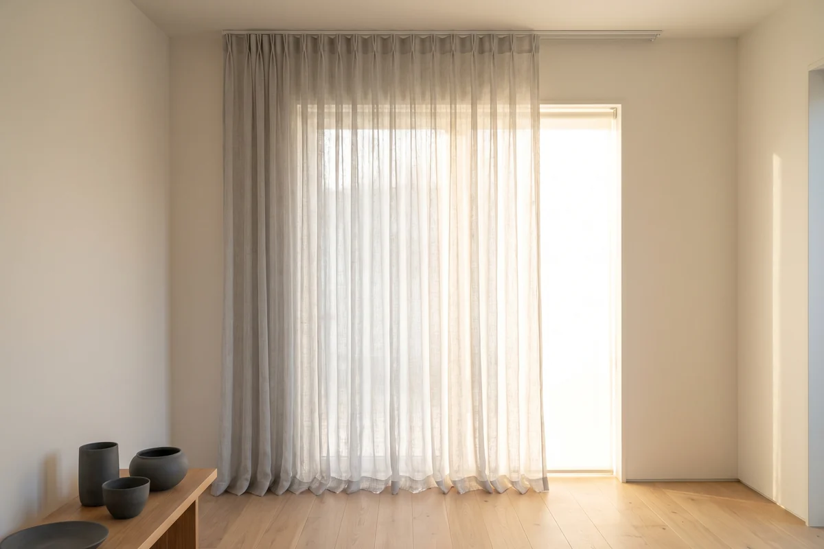 A sheer curtain hanging against a bright window