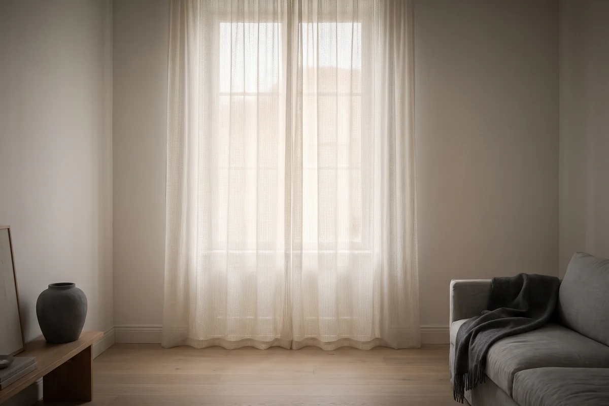 A curtain stacked tightly against the wall clear of the window opening