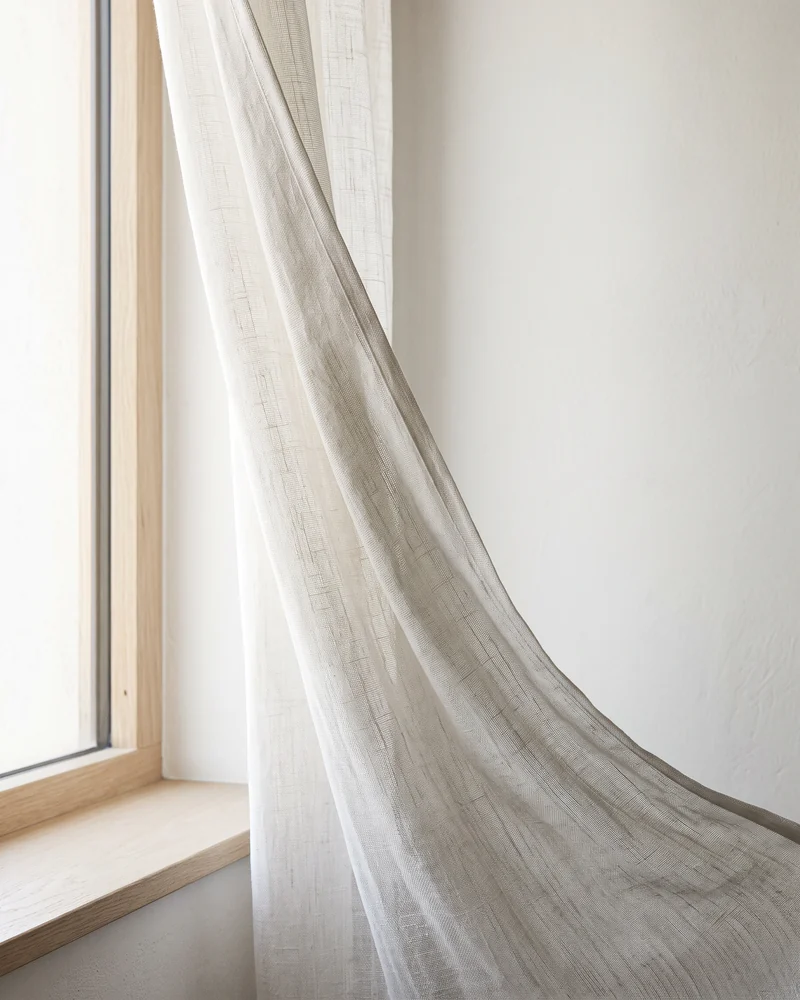 Close-up of sheer curtain fabric held in an S fold curve with the open weave backlit