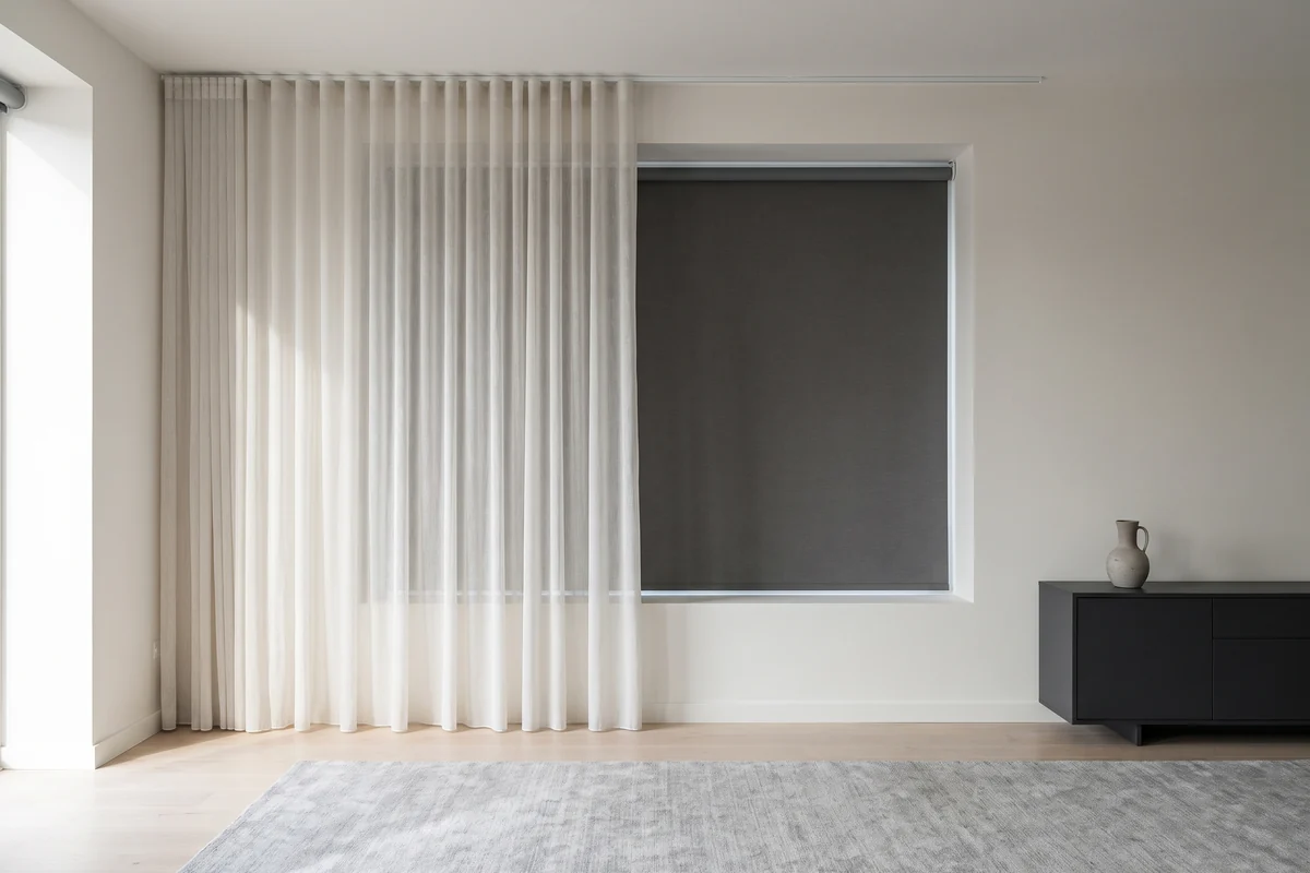 A sheer curtain hanging in front of a blind at a living room window