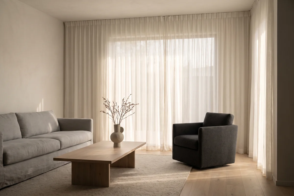 Sheer curtains diffusing afternoon sunlight in a neutral living room