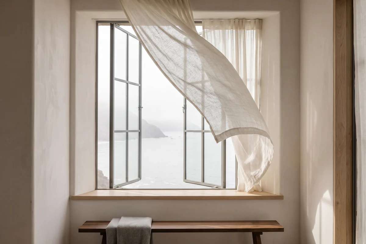 Sheer curtains moving in the breeze at a coastal apartment window