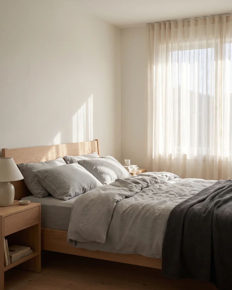Sheer curtains softening morning light in a bedroom
