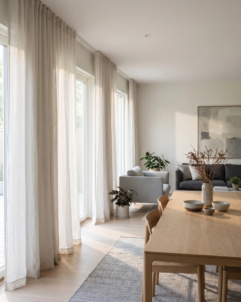 Sheer curtains across an open-plan living area