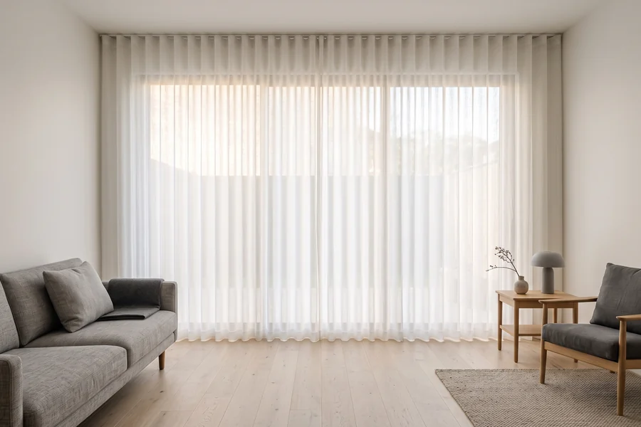 Sheer curtains softening daylight in a neutral living room