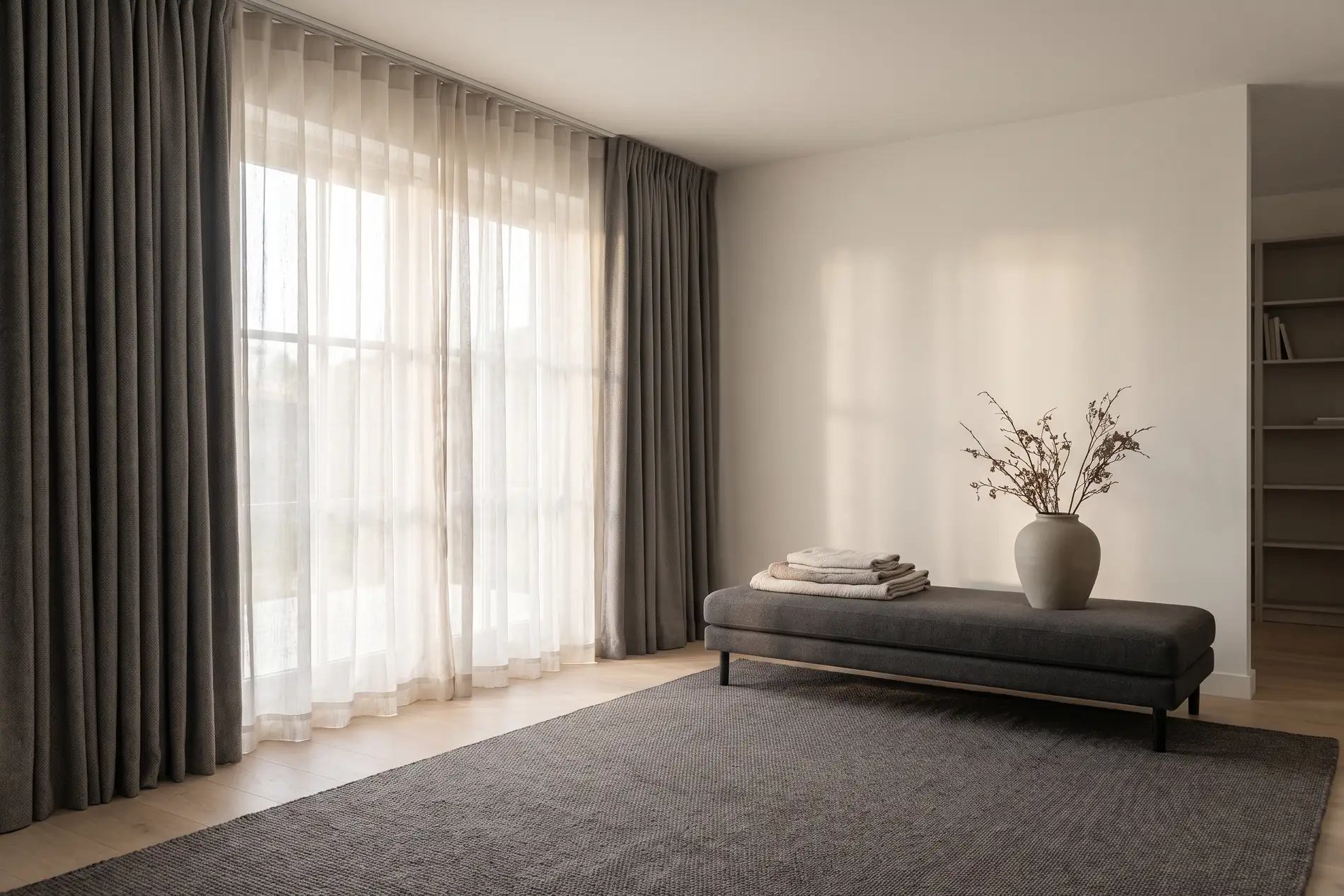 Living room with sheer curtains layered in front of blockout curtains at a large window