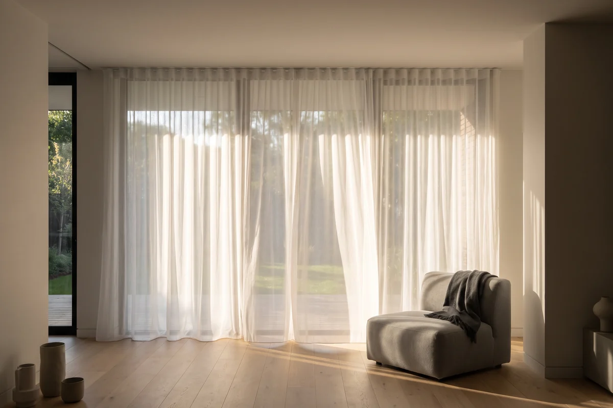 White sheer wave-fold curtains drawn across a wall of living room glass in afternoon light