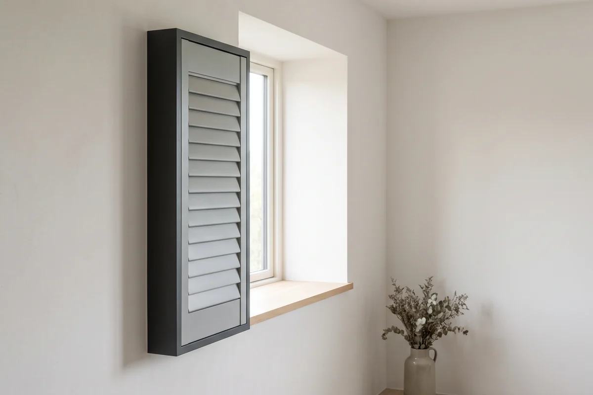 A shutter frame packed forward so it stands proud of a shallow window reveal
