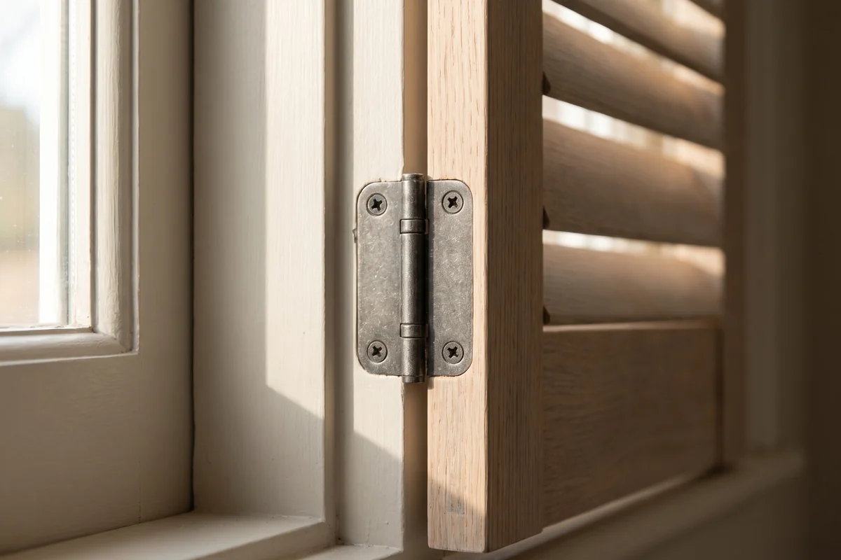 The metal hinge and screw fixing where a shutter panel stile meets the frame