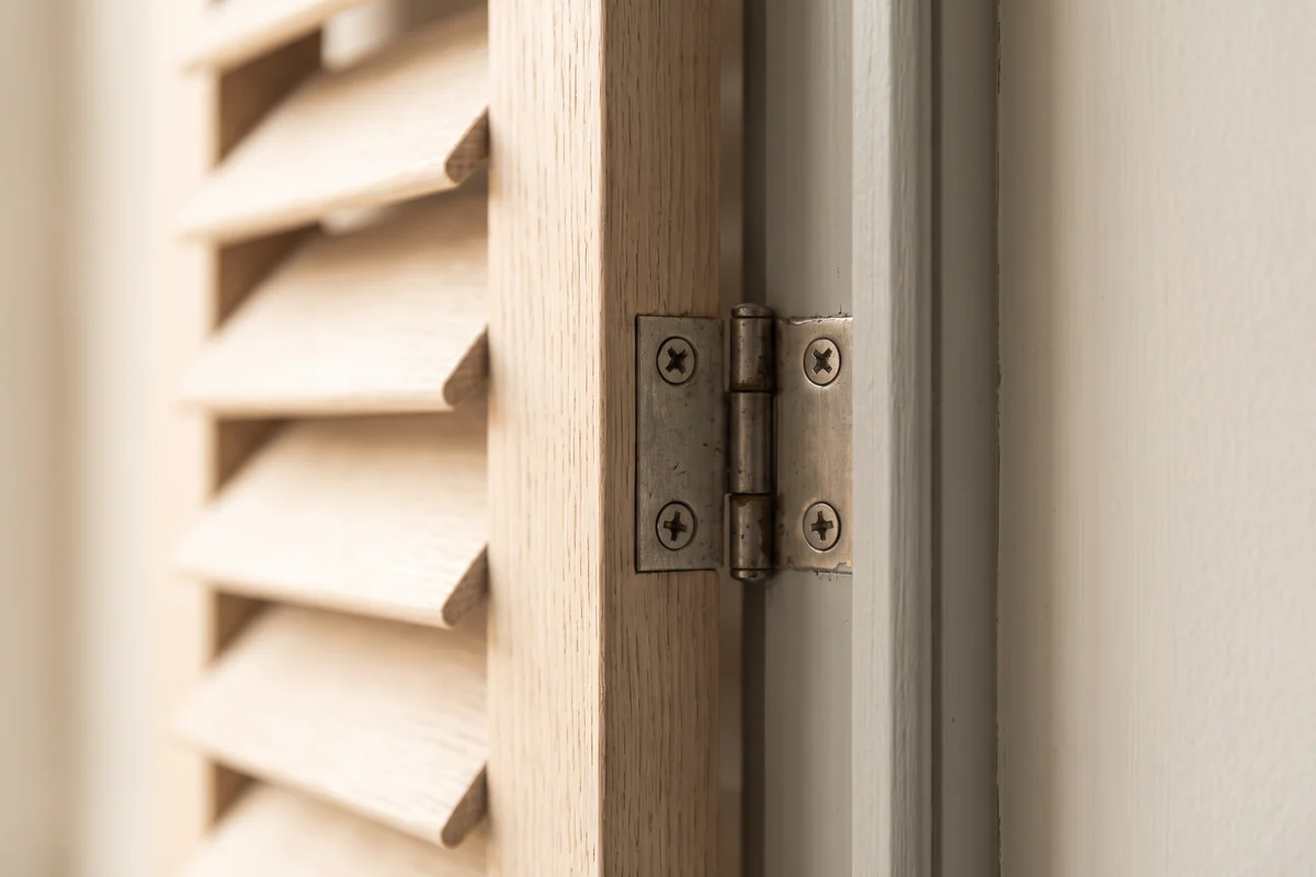 A metal butt hinge screwed through the stile of a louvred shutter panel into its frame