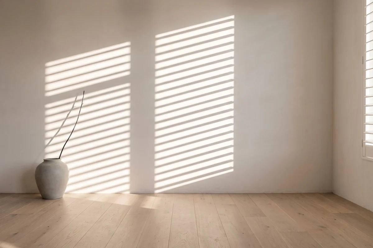Louvre shadows cast across a wall and floorboards by afternoon sun through a shutter