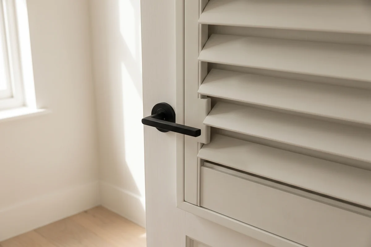 Shutter louvres notched back around a door lever handle so the panel closes over the door