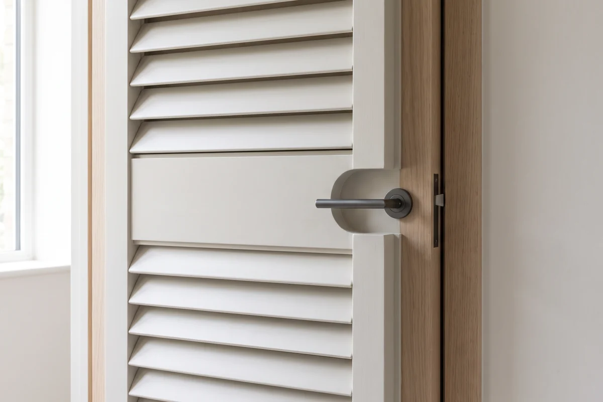 A shaped cut-out in a shutter panel fitted closely around a door lever handle and its escutcheon