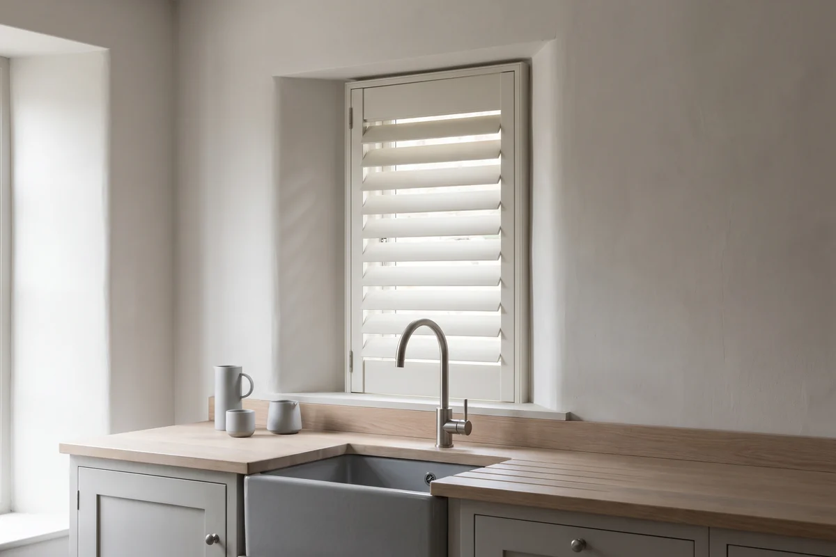 A shutter panel with blades angled open on a kitchen window above the sink