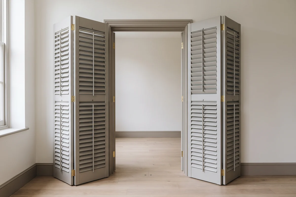 Hinged louvred shutter panels folded back either side of a doorway, leaving the opening completely clear
