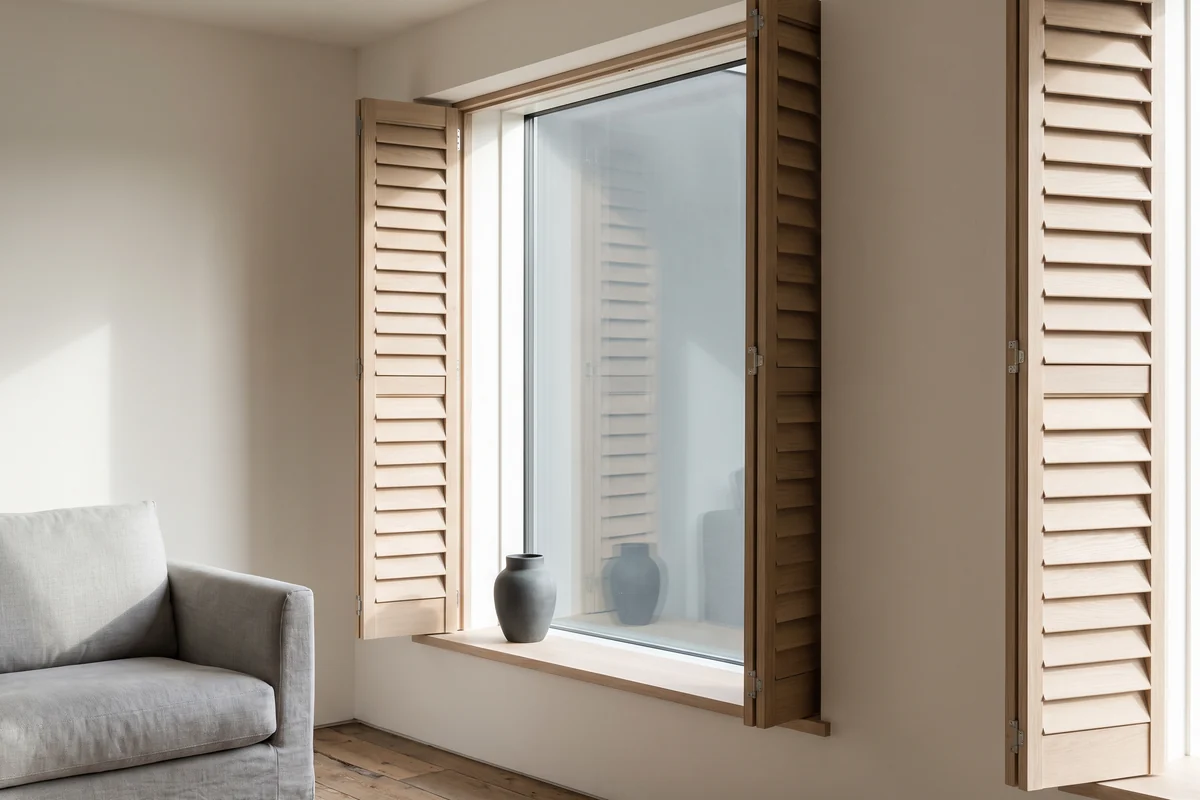 Louvred shutter panels hinged back from the reveal of a sunlit living-room window