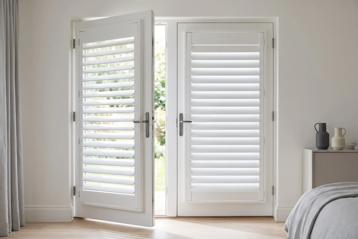 Plantation shutter panels fitted to each leaf of a pair of French doors, one door ajar with its panel swinging with it